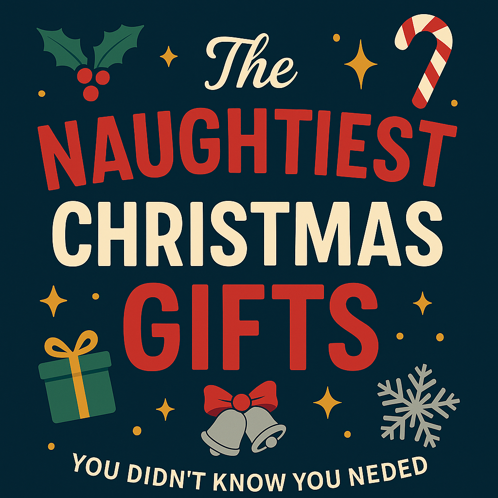 Colorful graphic illustration showing novelty butt plugs with playful seasonal and themed designs, perfect as funny adult gifts.