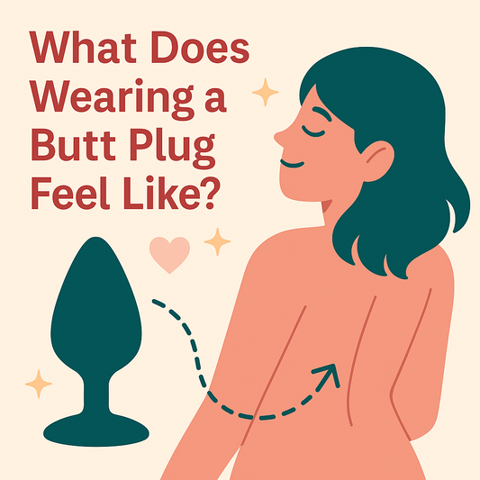 Flat digital illustration showing a beginner-friendly butt plug guide with soft pastel colors and text “What Does a Butt Plug Feel Like?”
