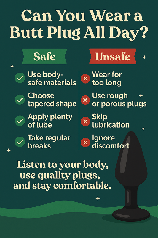 Flat infographic asking “Can I wear a butt plug all day?” with safe usage tips, warnings, and time guidelines.