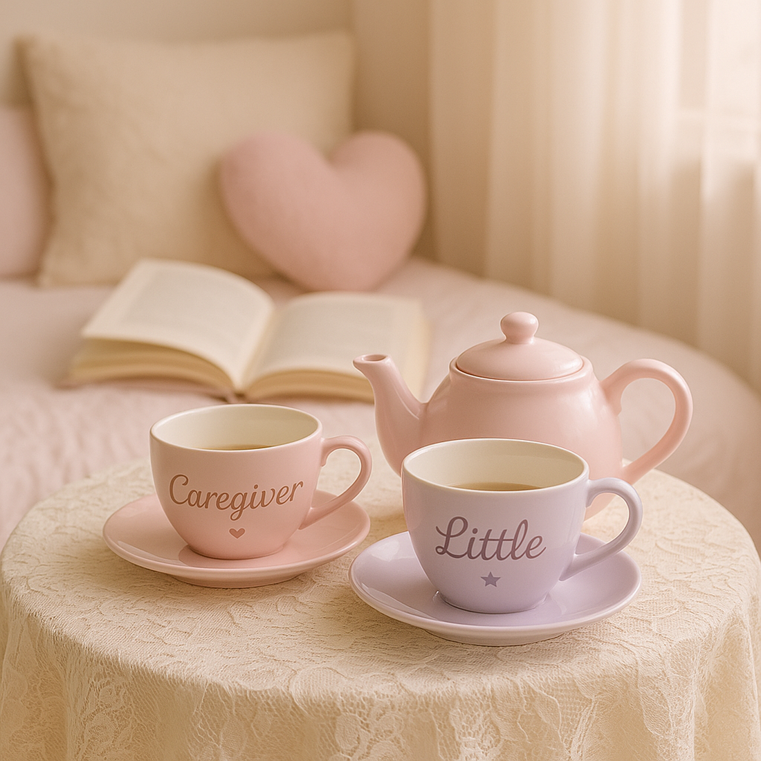 Pastel tea set with “Caregiver” and “Little” cups on lace tablecloth, symbolizing gentle DDLG dynamics