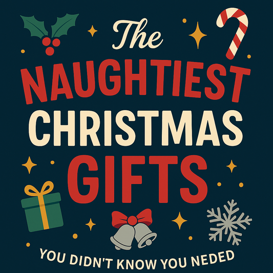 Colorful graphic illustration showing novelty butt plugs with playful seasonal and themed designs, perfect as funny adult gifts.
