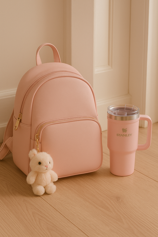 Self-Care Tips for Littles showing pink backpack, soft pink stanley cup and cute bunny keyring