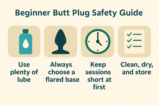 Beginner’s butt plug guide illustration showing small plug size, lube bottle, flared base, and playful design icons.