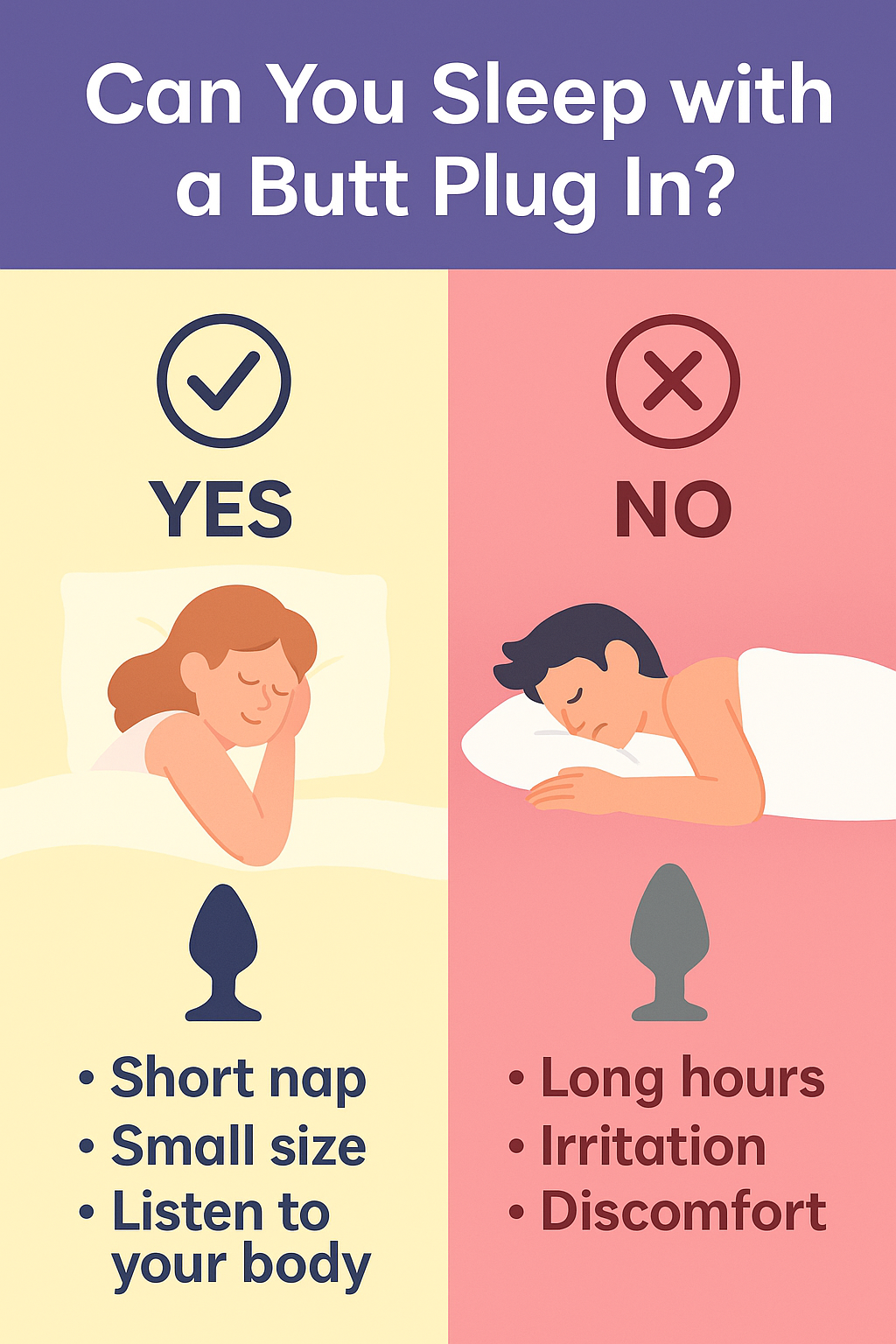Infographic asking Can you sleep with a butt plug, with safe tips and warnings for overnight anal toy use
