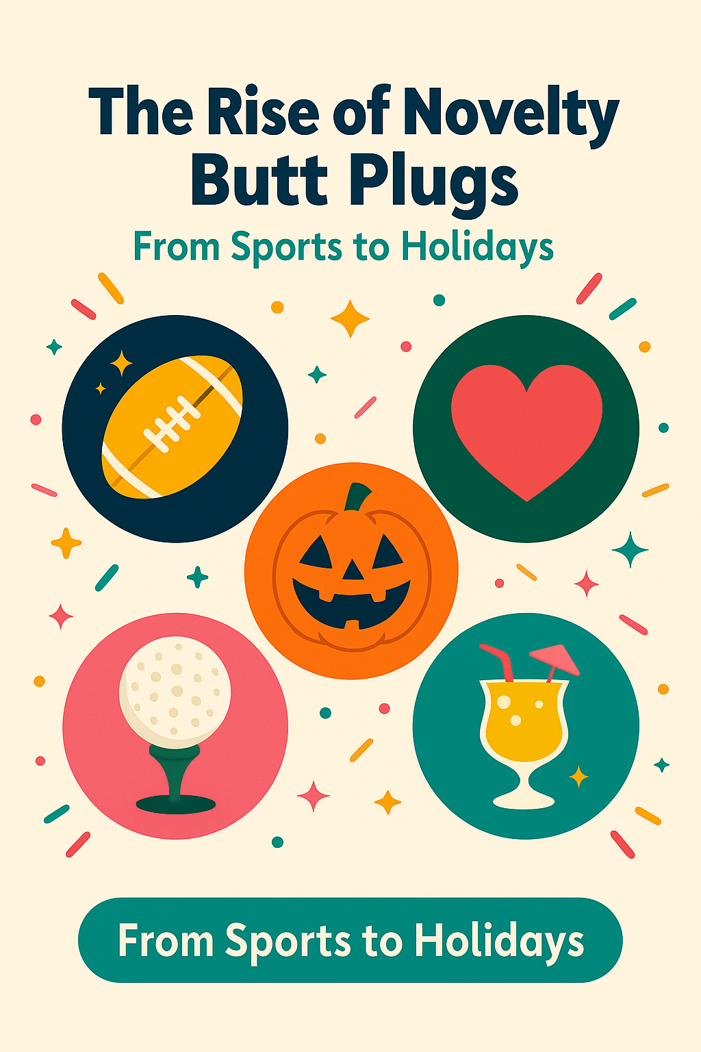 A colorful digital illustration of novelty Christmas butt plugs with playful designs, featured in a festive holiday gift guide.