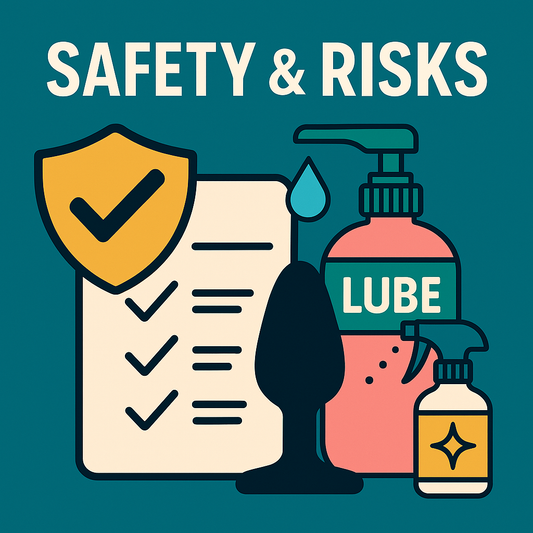 Digital illustration showing safe and unsafe butt plug practices with icons and clean design
