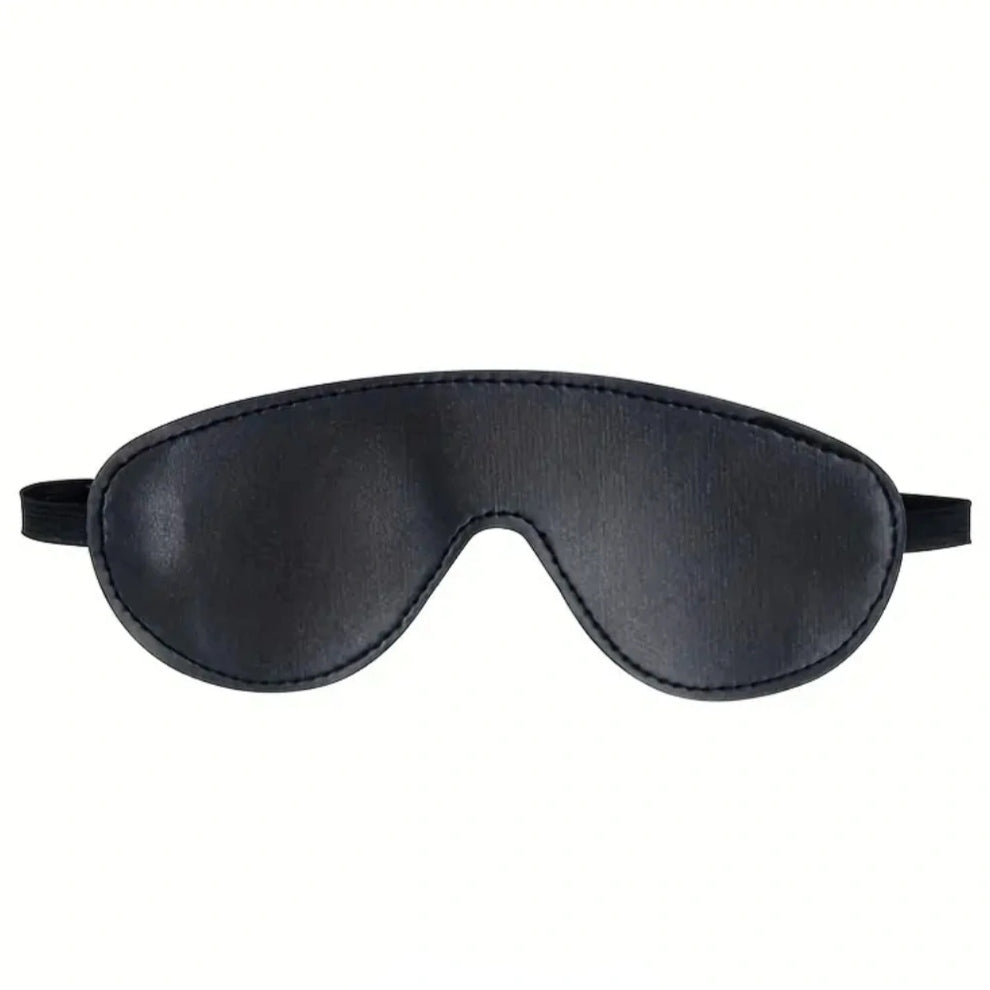 Black faux leather blindfold on white background