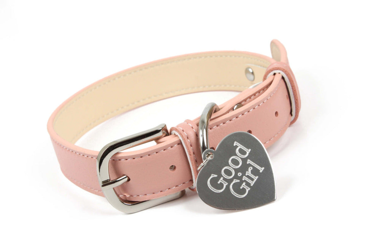 Pink leather BDSM collar with custom engraved tag saying Good Girl