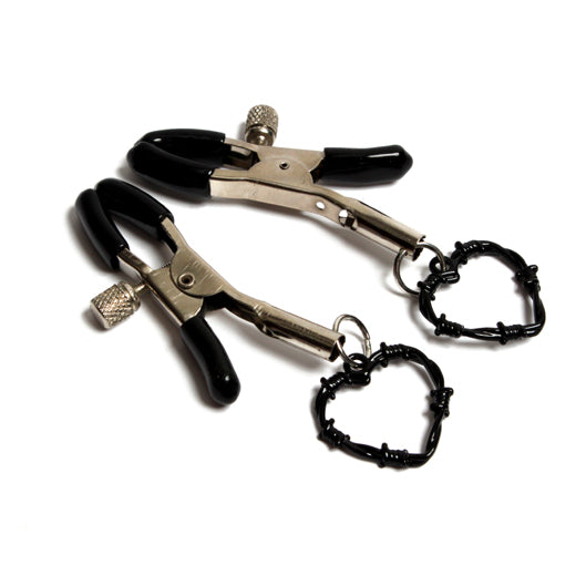 Black and metal nipple clamps with heart charm 