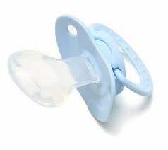 ABDL pacifier in baby blue on white background with large teat