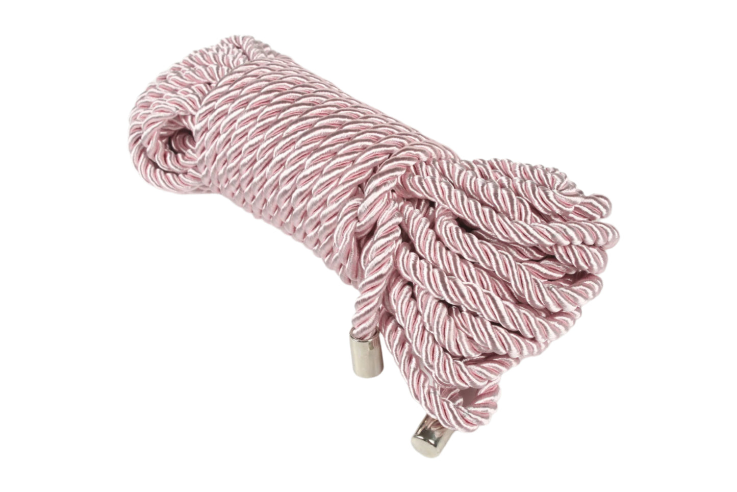 10 meter pink Shibari rope coiled neatly on white background