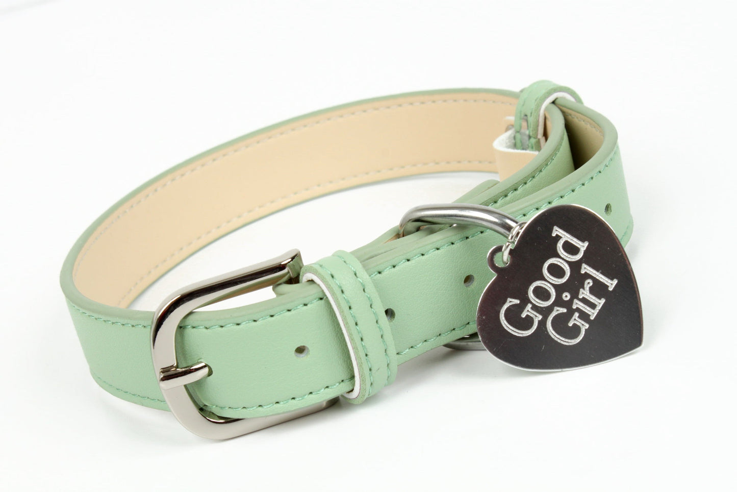 Green leather BDSM collar custom engraving