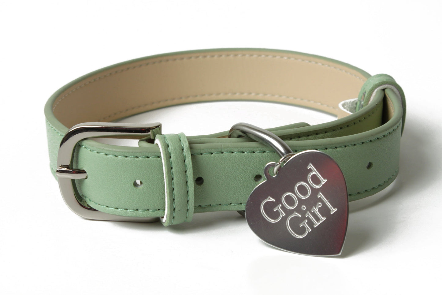 Green leather BDSM collar custom engraving