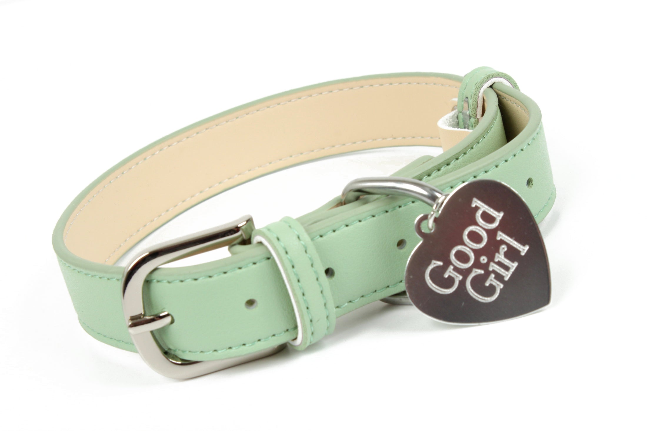 Green leather BDSM collar custom engraving