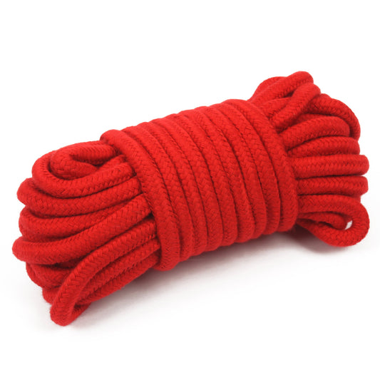 Soft red bondage rope, 10 meter length shown on white background 