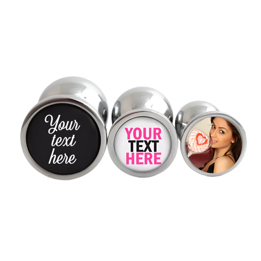 Custom butt plugs with personalized text and images. Displayed on white background, a set of 3 butt plugs in small medium and large.