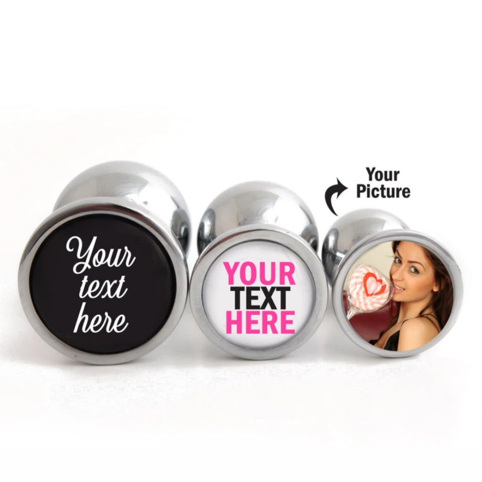 Example of a custom butt plug with a personalized photo printed on the base. Design your own at DDLGLand.