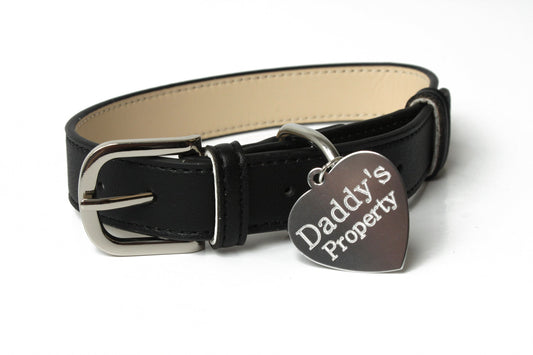 Leather BDSM Collar with Daddy's Property engraved tag