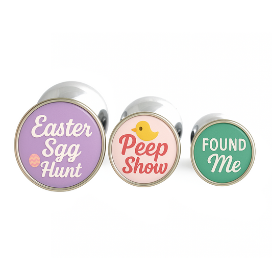 Easter butt plugs set with designs Easter Egg Hunt, Peep Show, and Found Me – funny bunny-themed novelty gift