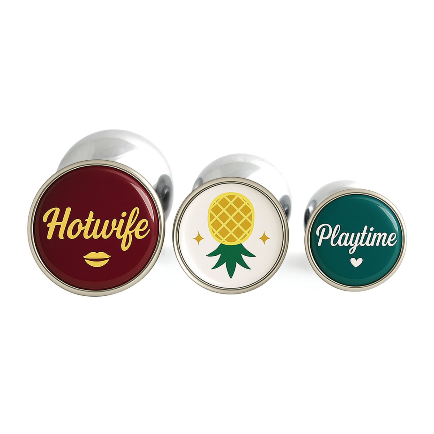 Hotwife butt plug set with pineapple swinger design and playtime theme