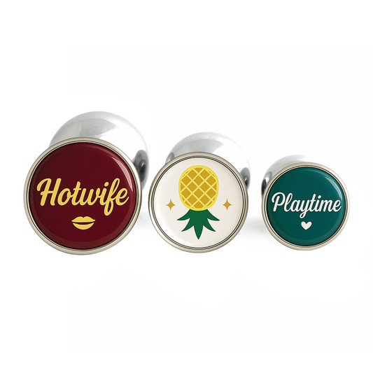 Hotwife butt plug set with pineapple swinger design and playtime theme