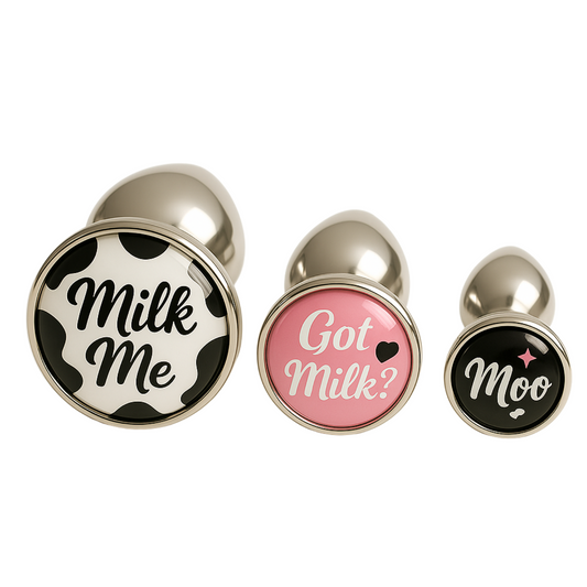 Milk Me butt plugs with cow print designs for hucow fetish or ABF