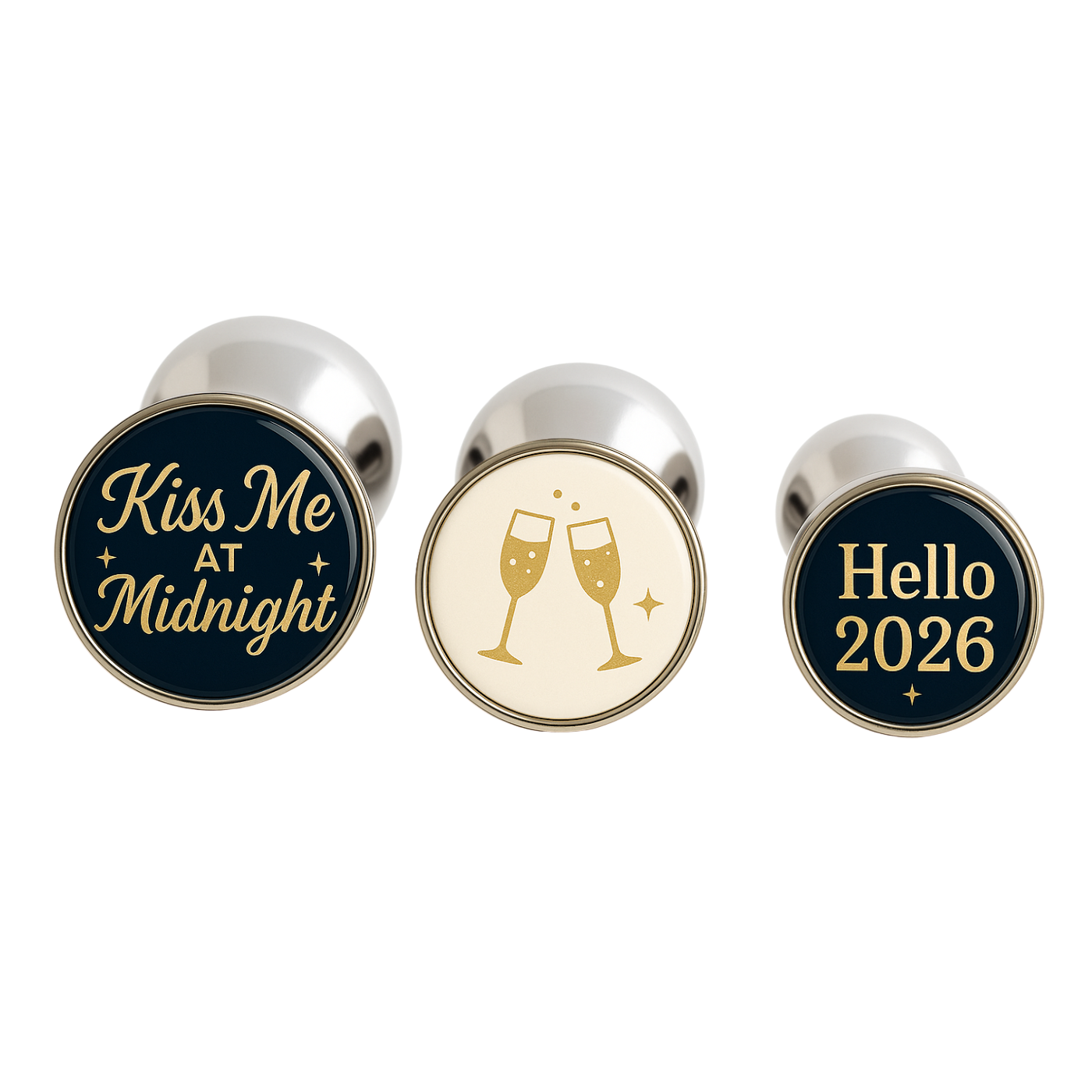 New Year’s Butt Plugs 2026 – Kiss Me at Midnight Set with hello 2026 and champagne glasses
