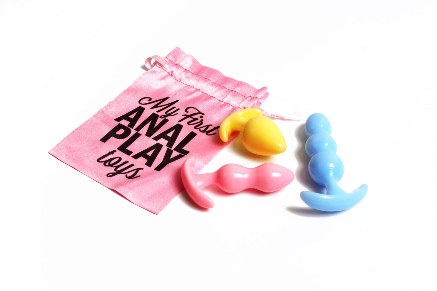 Pink yellow and blue silicone butt plugs