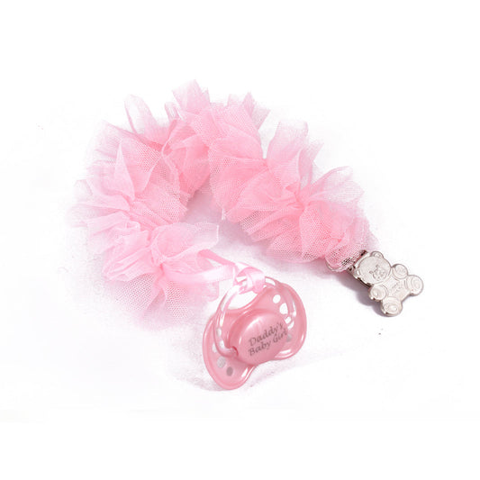 Handmade pink ruffle ABDL pacifier clip for adult babies and little space.