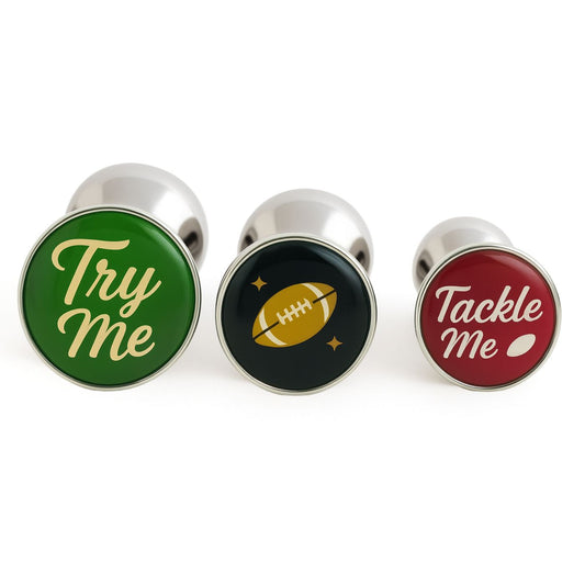 rugby butt plugs with try me, tackle me and rugby ball design