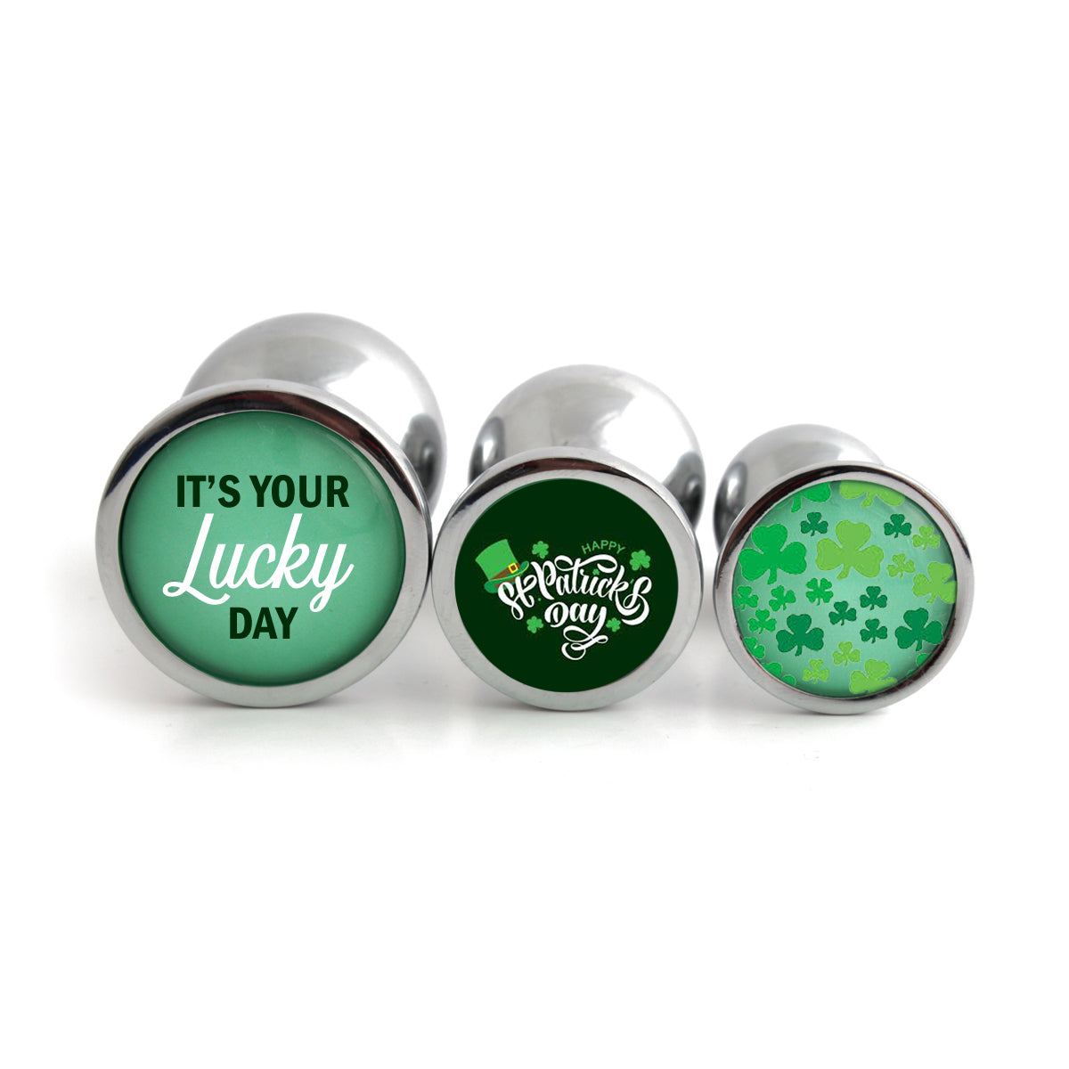 St Patrick's Day butt plugs - showing a set of 3 plugs with the words it's your lucky day, st patrick's day and the four leaf clover.