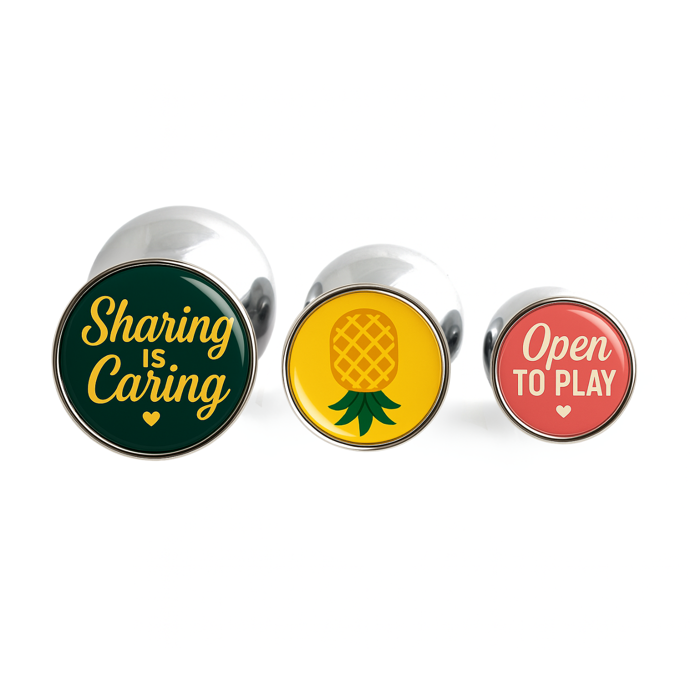 Discover our “Open To Play” butt plugs set, a playful lifestyle gift for swingers. Perfect for sharing, fun nights, and celebrating the lifestyle showing sharing is caring, upside down pineapple and open to play quotes